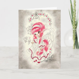 Cute Big Eye Angel With Red Hair And Holly Holiday Card