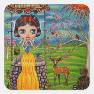 Cute Big Eye Girl Doll Wishing Well Deer Raccoon Square Sticker