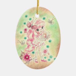 Cute Big Eye Girl with Pink hair & Butterflies Ceramic Ornament