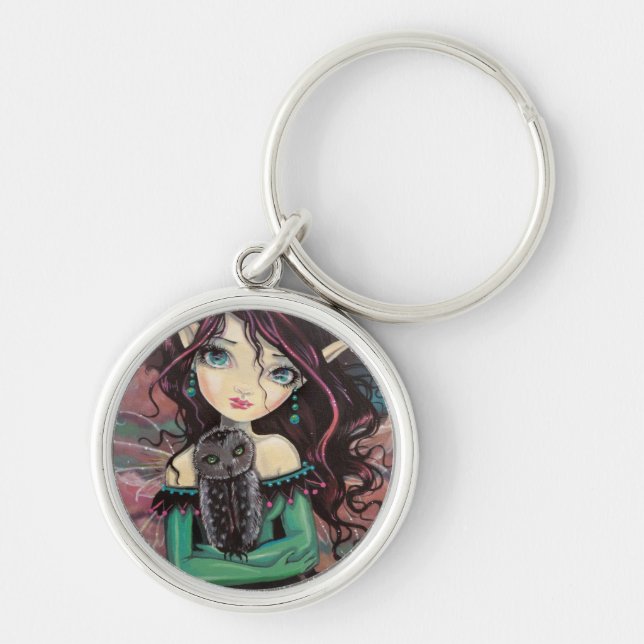 Cute Big-Eye Gothic Fairy and Owl Keychain (Front)