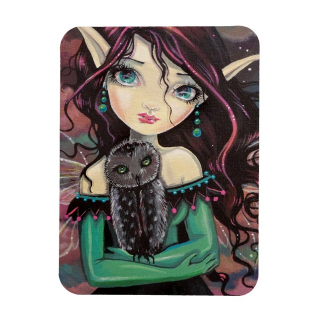 Cute Big-Eye Gothic Fairy and Owl Magnet (Vertical)