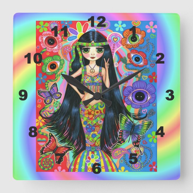 Cute Big Eye Hippie Mermaid Girl Peace Sign 1960s Square Wall Clock (Front)