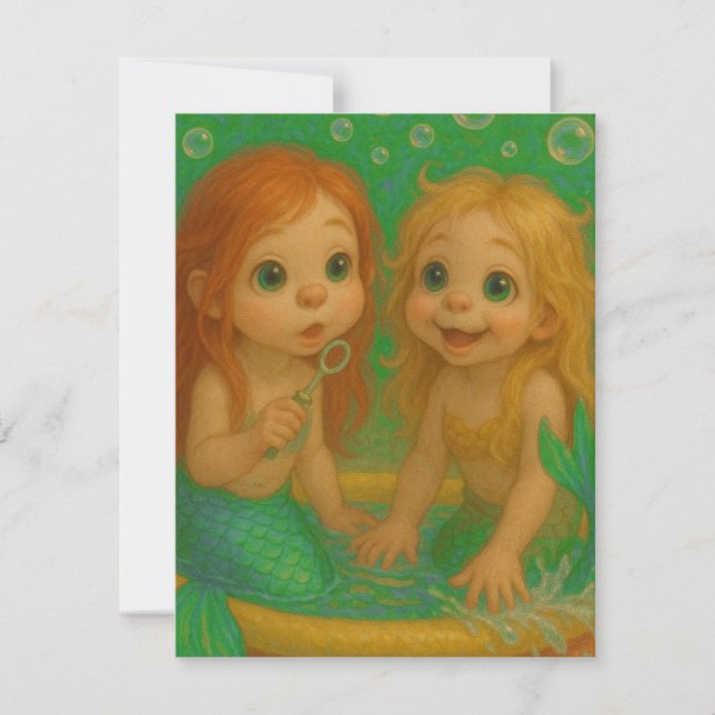 Cute big eye mermaid sisters wading pool fantasy  card (Front)