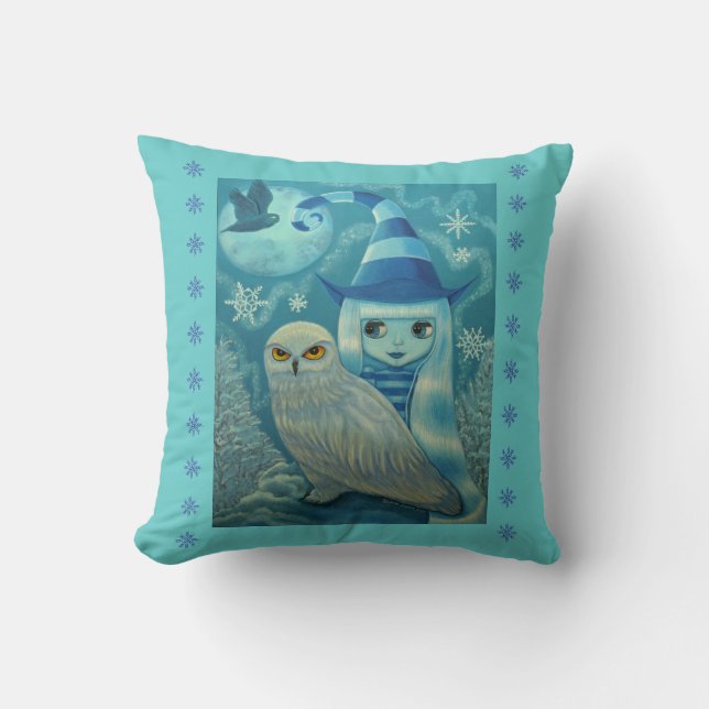 Cute Big Eye Striped Witch with Snowy Owl & Moon Throw Pillow (Front)