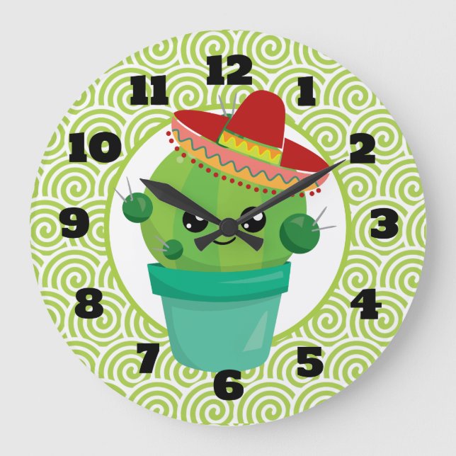 Cute Big-Eyed Cactus in Red Sombrero Large Clock (Front)
