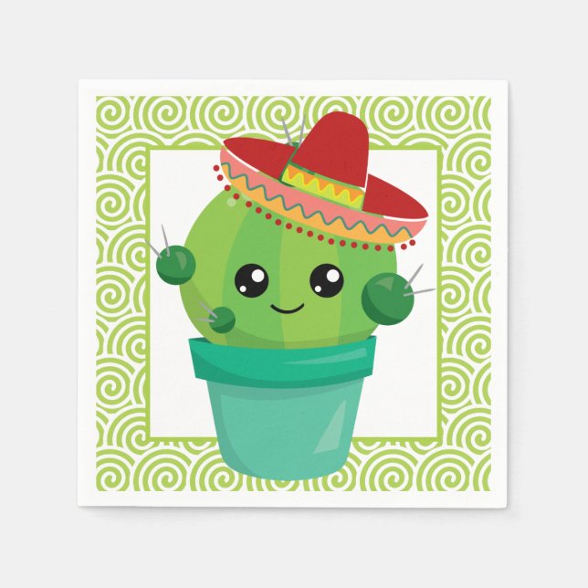 Cute Big-Eyed Cactus in Red Sombrero Napkin (Front)