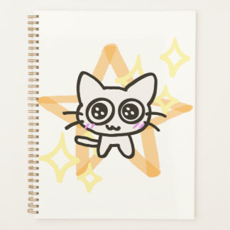 Cute Big-Eyed Cat & Golden Stars Spiral Notebook - Planner