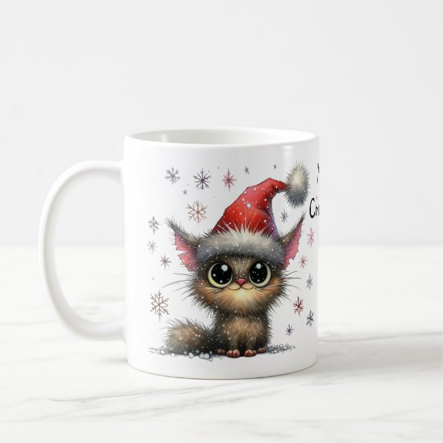Cute Big-eyed Cat in a Christmas Santa Hat Coffee Mug (Left)
