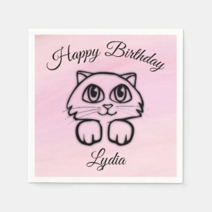 Cute Big Eyed Cat Peeking Pink Happy Birthday Napkin