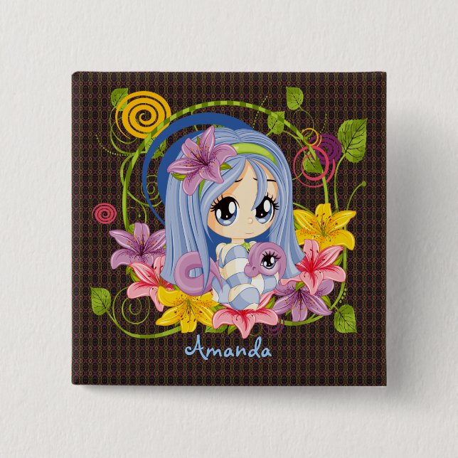 Cute Big Eyed Chibi Dragon Fairy 2 Inch Square Button (Front)