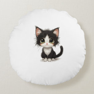 Cute Big‑Eyed Kitten – Chibi Black & White Cat Round Pillow