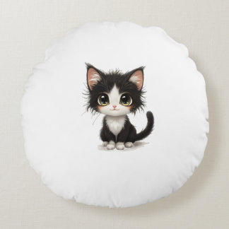 Cute Big‑Eyed Kitten – Chibi Black & White Cat Round Pillow