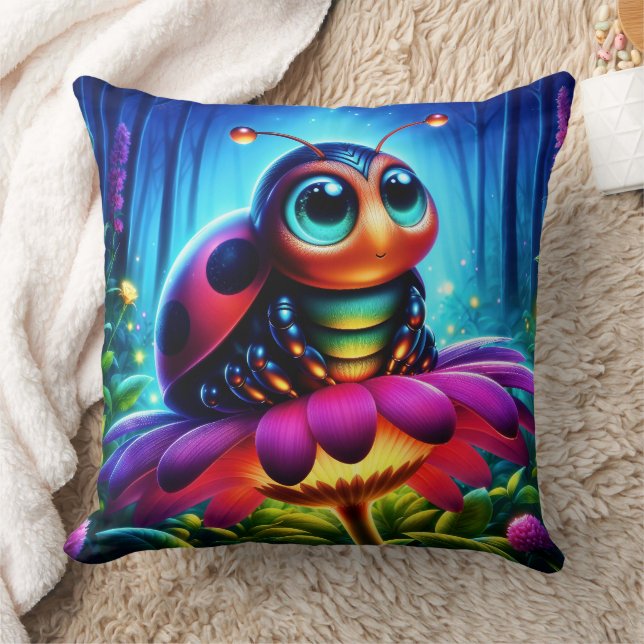 Cute big-eyed Ladybug with a mystical glow Throw Pillow (Blanket)