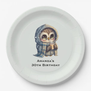 Cute Big-Eyed Owl Holding a Coffee Birthday Paper Plate