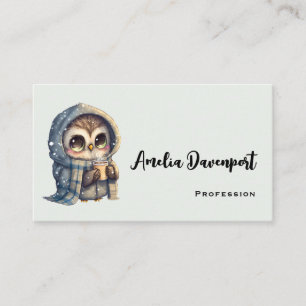 Cute Big-Eyed Owl Holding a Coffee Business Card