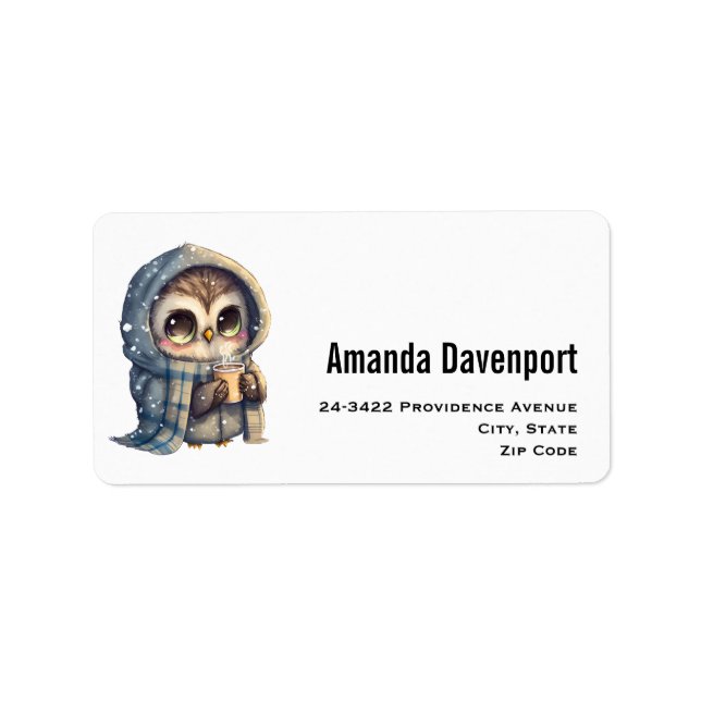 Cute Big-Eyed Owl Holding a Coffee Label (Front)