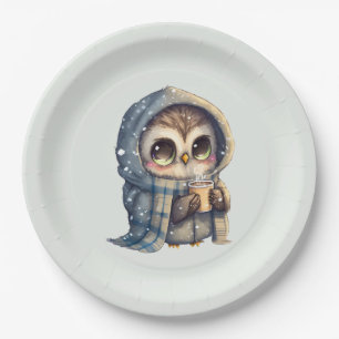 Cute Big-Eyed Owl Holding a Coffee Paper Plate