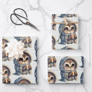 Cute Big-Eyed Owl Holding a Coffee Pattern Wrapping Paper Sheet