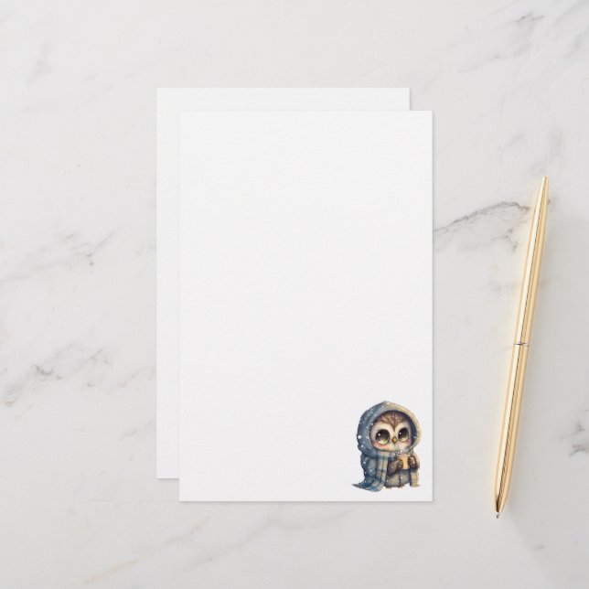 Cute Big-Eyed Owl Holding a Coffee Stationery (Front/Back In Situ)