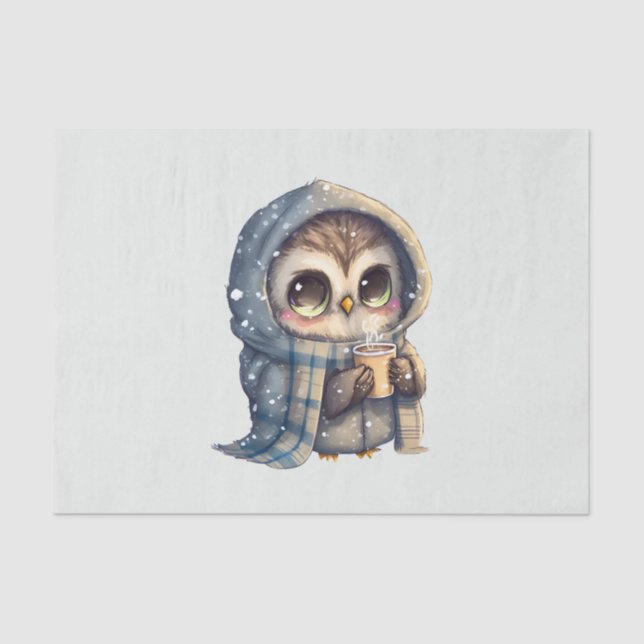 Cute Big-Eyed Owl Holding a Coffee Tissue Paper (Front)