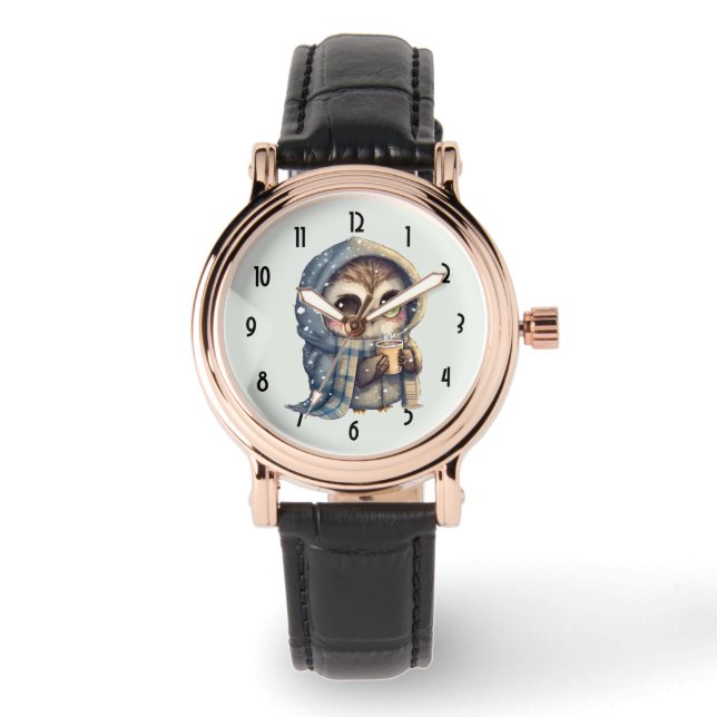 Cute Big-Eyed Owl Holding a Coffee Watch (Front)