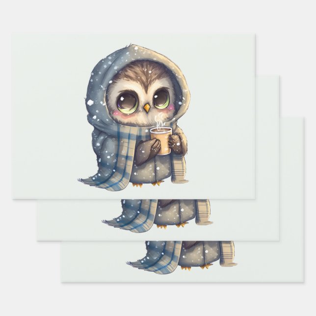 Cute Big-Eyed Owl Holding a Coffee Wrapping Paper Sheet (Set)