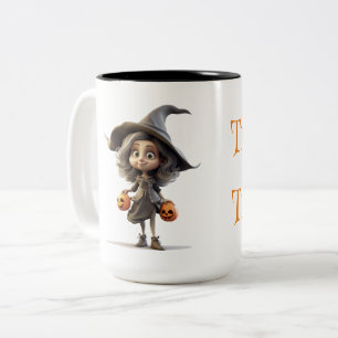 Cute Big Eyed Witch with Pumpkins Trick or Treat Two-Tone Coffee Mug