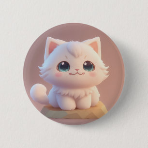 Cute Big Eyes Fluffy White Kitten 2 Inch Round Button