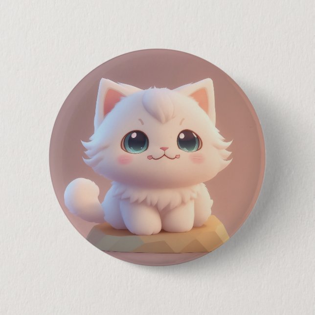 Cute Big Eyes Fluffy White Kitten 2 Inch Round Button (Front)