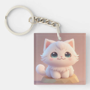 Cute Big Eyes Fluffy White Kitten Keychain