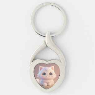 Cute Big Eyes Fluffy White Kitten Keychain