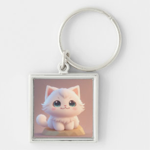 Cute Big Eyes Fluffy White Kitten Keychain