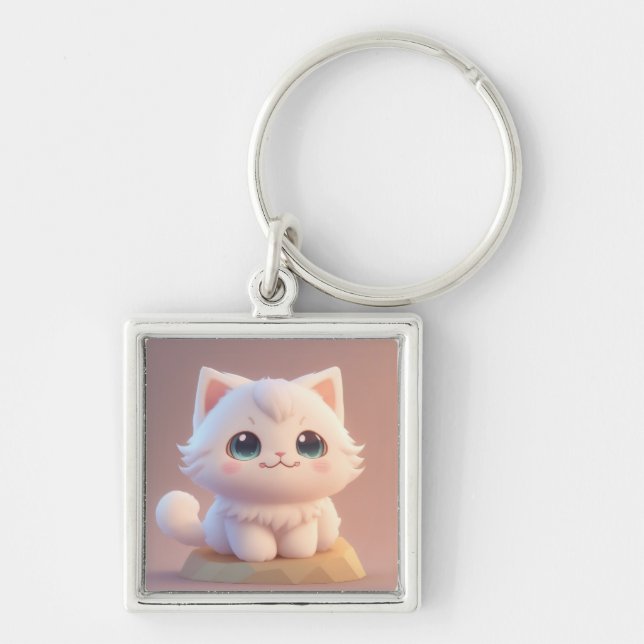 Cute Big Eyes Fluffy White Kitten Keychain (Front)