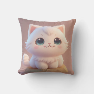 Cute Big Eyes Fluffy White Kitten Throw Pillow