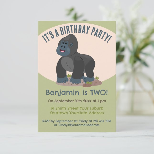 Cute big gorilla personalized cartoon birthday invitation (Standing Front)