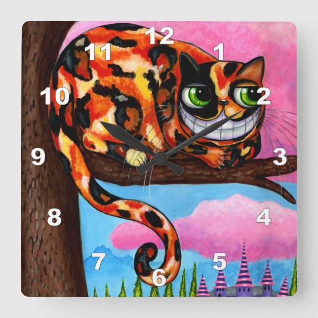Cute Big Green Eyes Calico Cheshire Cat Square Wall Clock (Front)