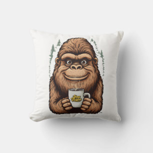Cute Bigfoot Drinking Coffee Funny Sasquatch Throw Pillow