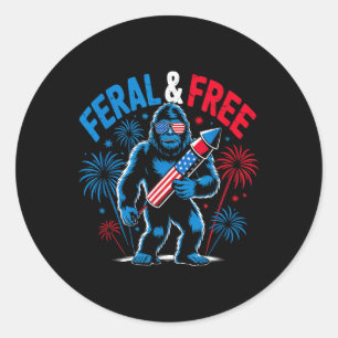 Cute Bigfoot Feral But Free 4th Of July Youth Men Classic Round Sticker