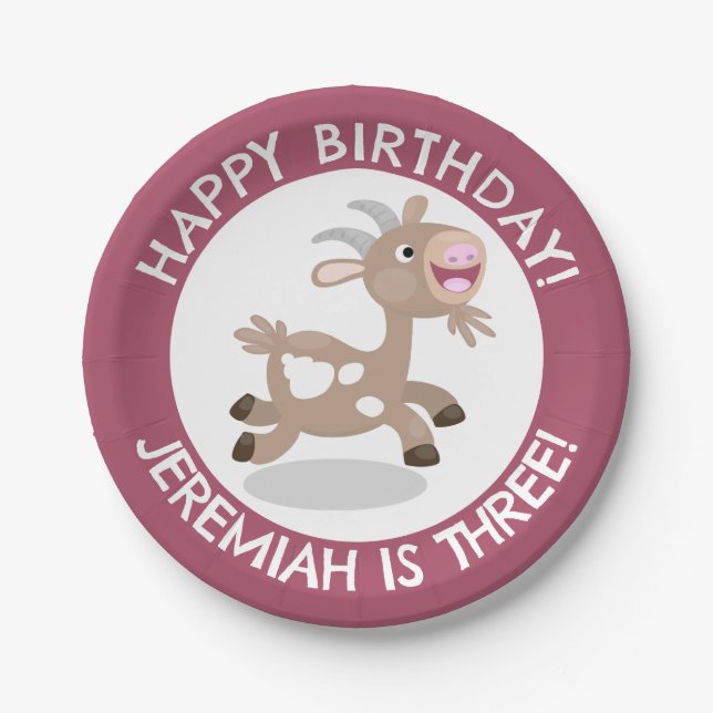 Cute billy goat cartoon personalized birthday paper plate (Front)