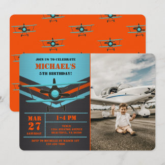 Cute Biplane Aviation Airplane Kids Photo Birthday Invitation