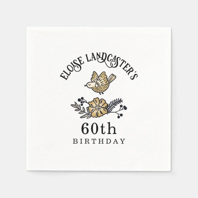Cute Bird and Flowers Personalized Birthday Napkin (Front)