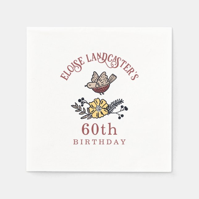 Cute Bird and Flowers Personalized Birthday Napkin (Front)