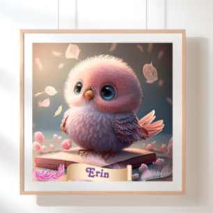 Cute Bird Baby Pink Owl Book Personalized Art Poster