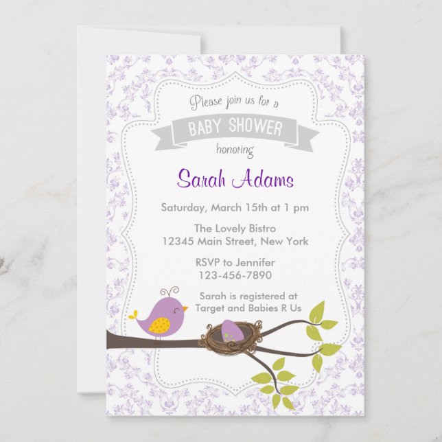 Cute Bird Baby Shower Invitation Pastel Purple (Front)