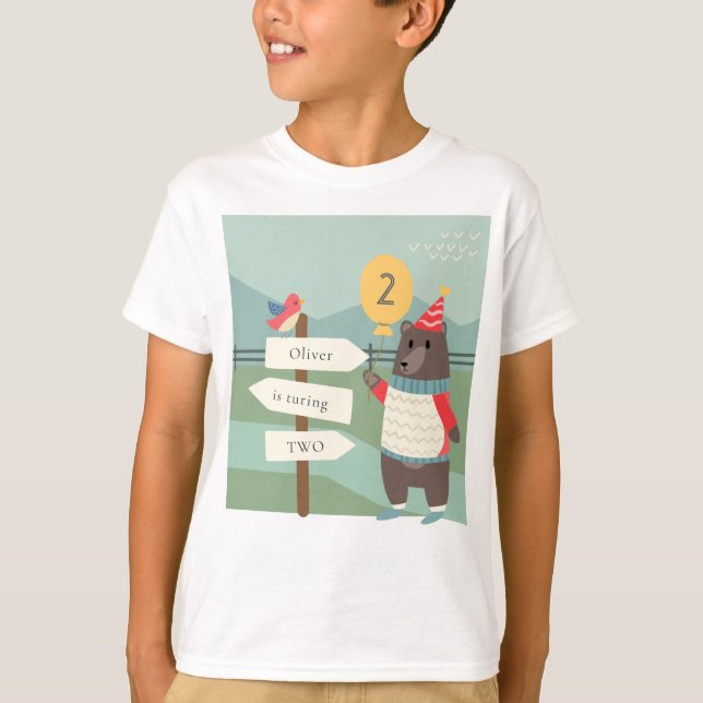 Cute Bird Bear Milestone Mountain Any Age Birthday T-Shirt (Front)