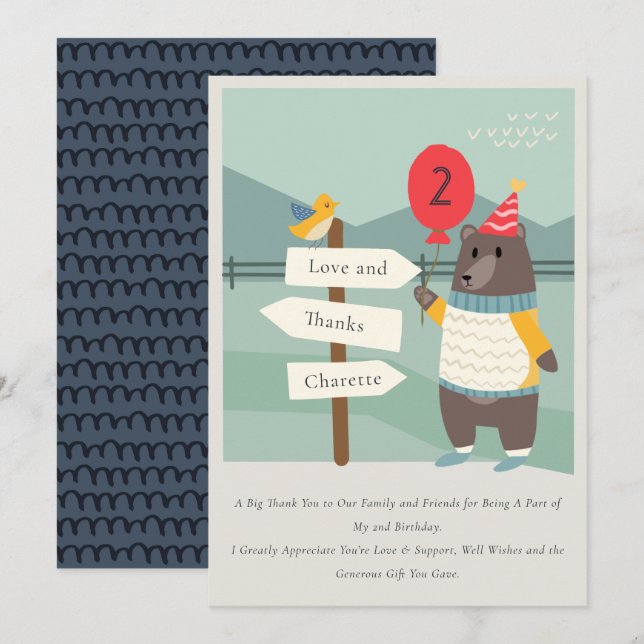 Cute Bird Bear Milestone Mountain Any Age Birthday Thank You Card (Front/Back)