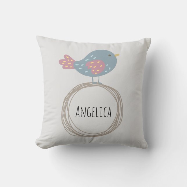 Cute Bird Custom Name Throw Pillow (Front)
