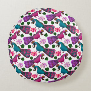 Cute Bird Floral Pattern   Colourful  Birds Round Pillow