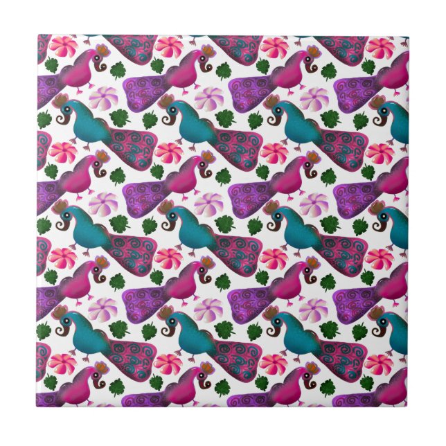 Cute Bird Floral Pattern | Colourful  Birds Tile (Front)