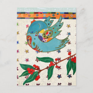 Cute bird flying and singing postcard